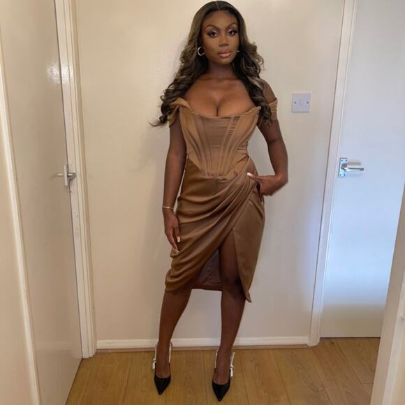 HOUSE OF CB Loretta Brown Toffee Satin Off Shoulder Corset Bustier Drape Dress - Picture 4 of 15